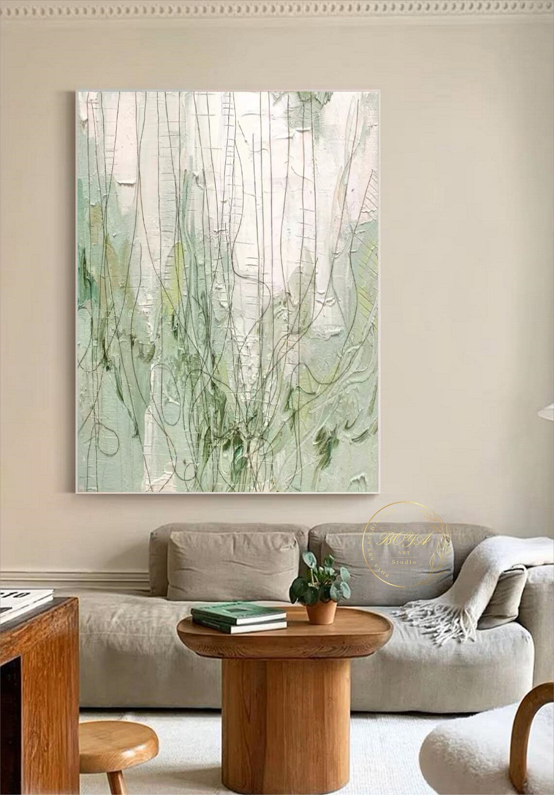 Cream and Green Hanging Vine Line Abstract Art Painting Poster - Image 4