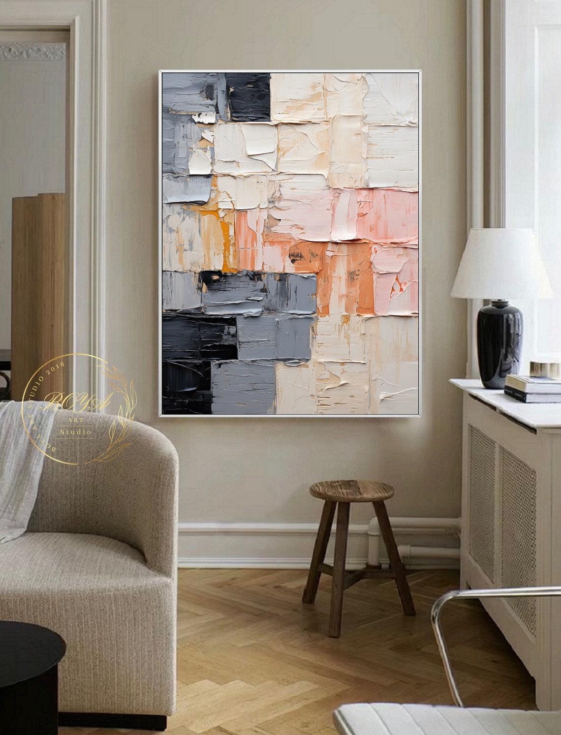 Original Beige Wall Painting Large Gray Abstract Painting Pink Textured Art Black White Oil Painting 3d Texture Painting Minimalist Wall Art - Image 4