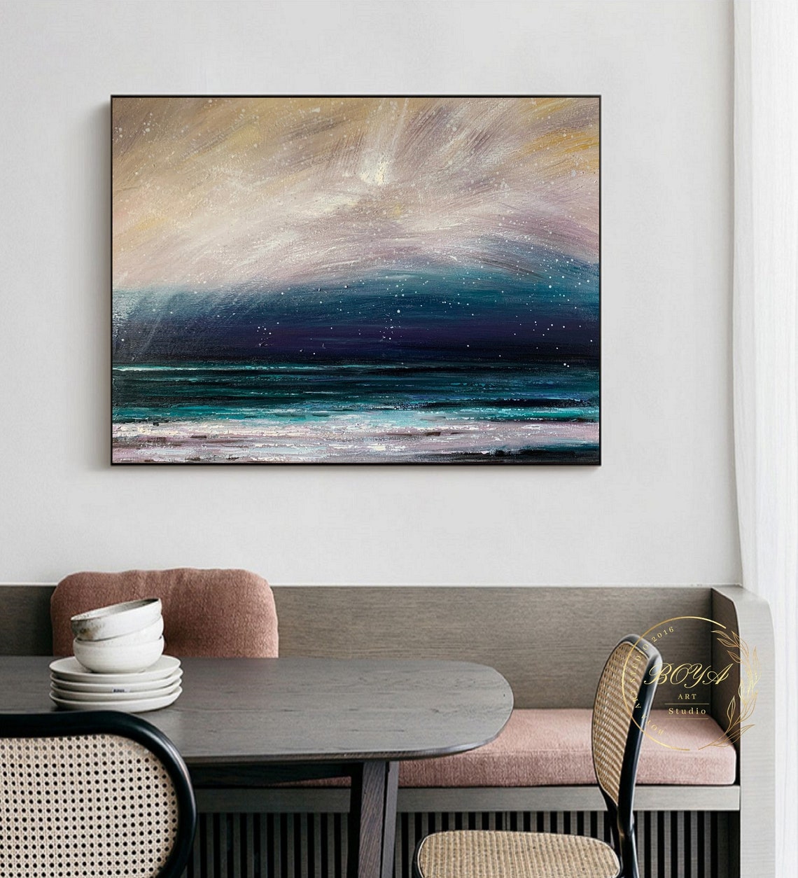 Starry Night Over the Ocean in Teal and Gold Abstract Poster - Image 3
