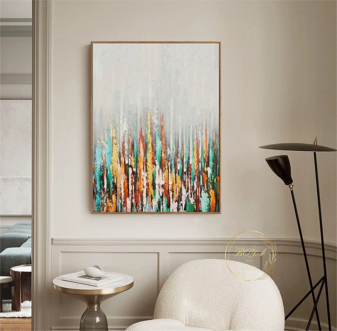 Large Colorful Abstract Art Original Beige Oil Painting Gold Abstract Painting Green Textured Art Yellow Abstract Painting Boho Painting - Image 2