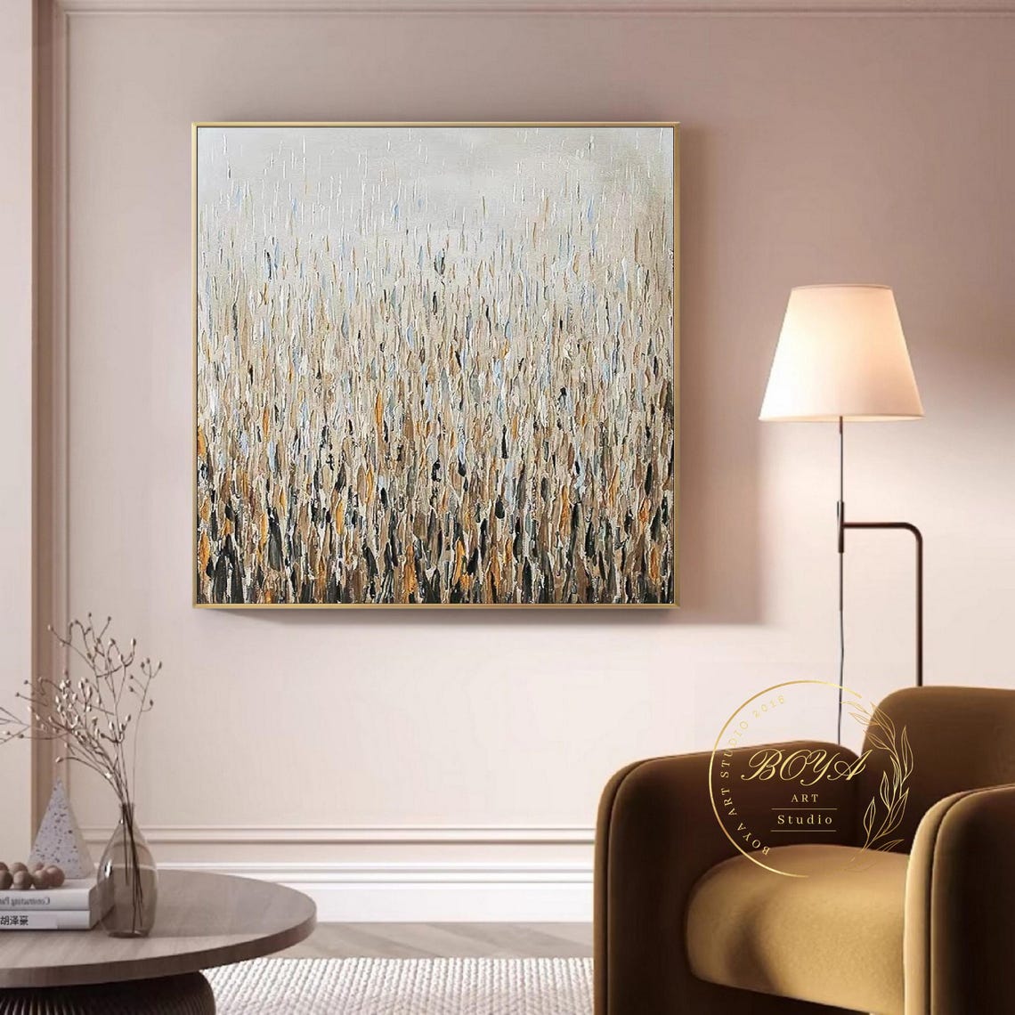 Golden Beige Vertical Texture Abstract Wheat Field Artwork Wall Art - Image 4