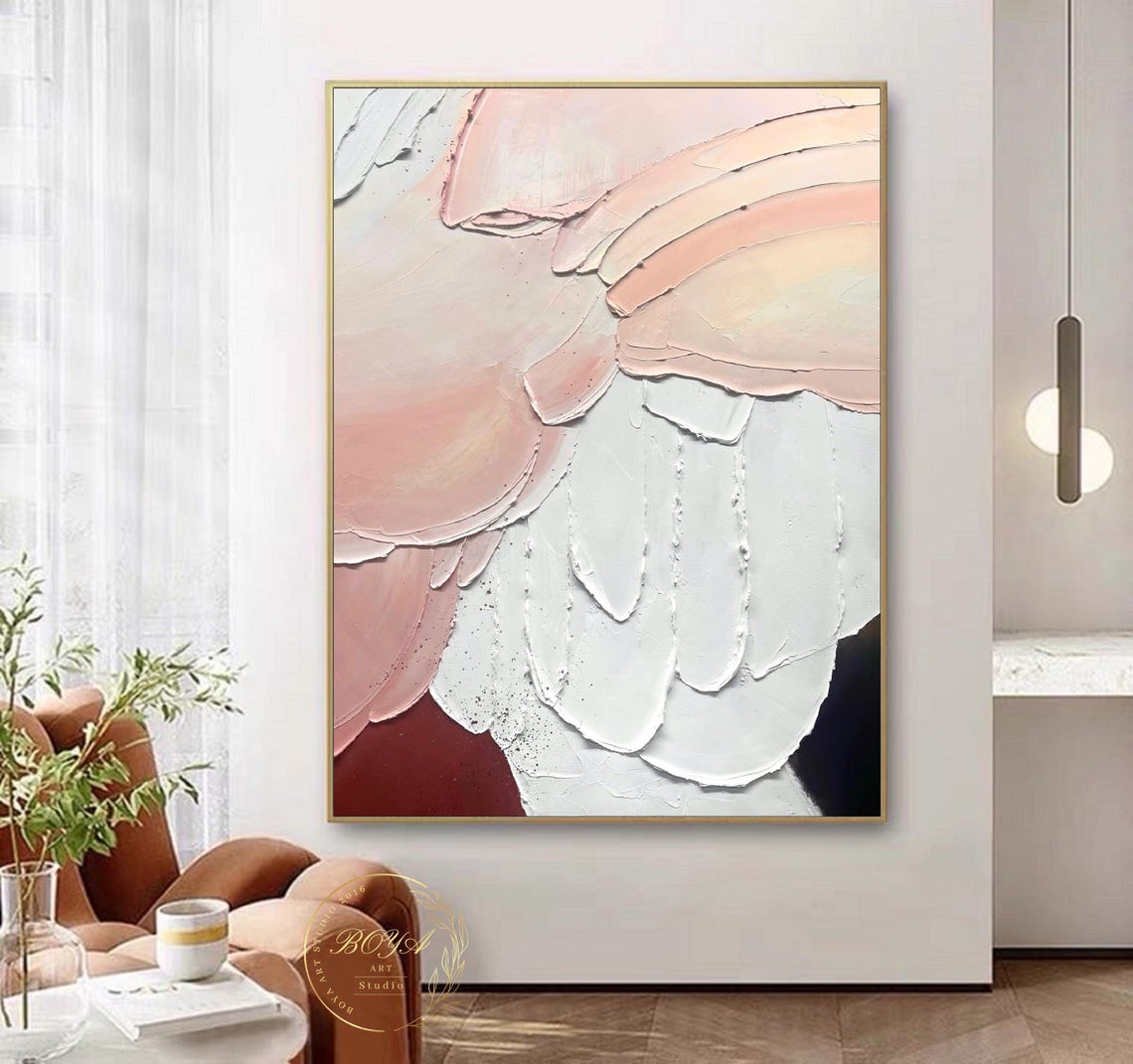 Soothing Soft Pink and White Impasto Waves Abstract Textured Poster - Image 3