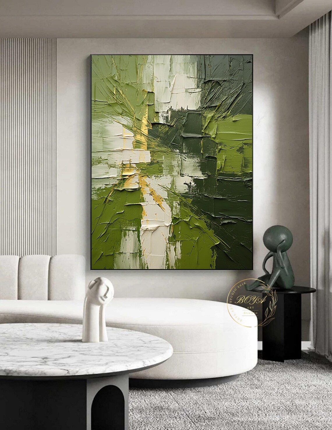 Green 3d Textured Art Original Green Oil Painting Green Abstract Art Modern Green Texture Painting Large Green Wall Art Yellow Textured Art - Image 2