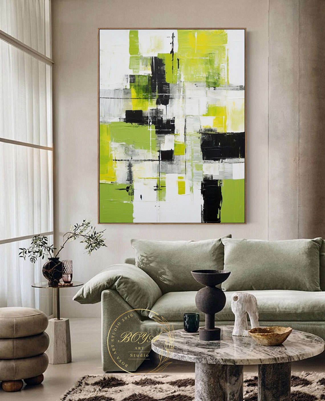 Electric Lime Green Black and White Bold Blocks Abstract Poster - Image 4