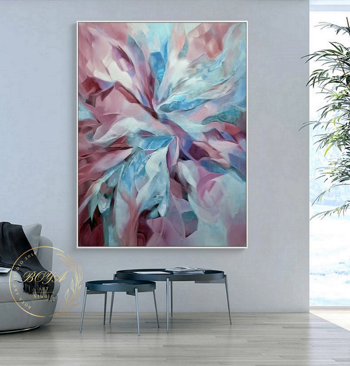 Pink and Blue Abstract Bloom Flower Textured Painting Art Poster - Image 2