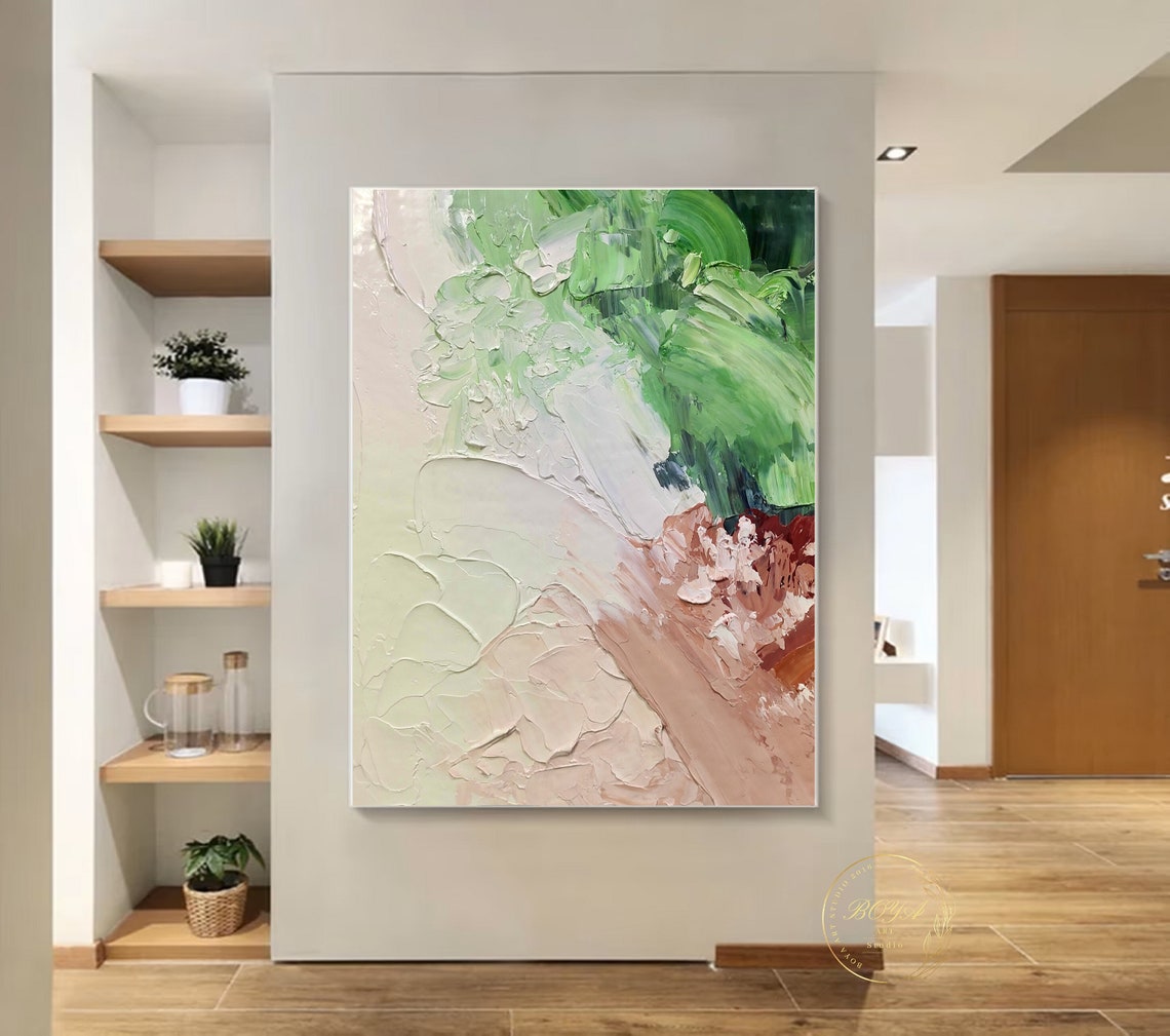 Large Green Texture Art 3d Texture Painting Original Green Oil Painting Beige Abstract Painting Modern Wall Art Minimalist Painting - Image 2