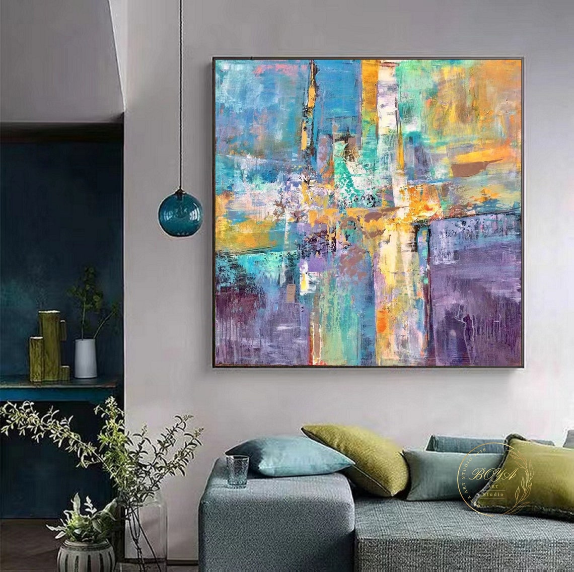 Vibrant Teal Purple and Gold Multicolor Abstract Canvas Poster - Image 3