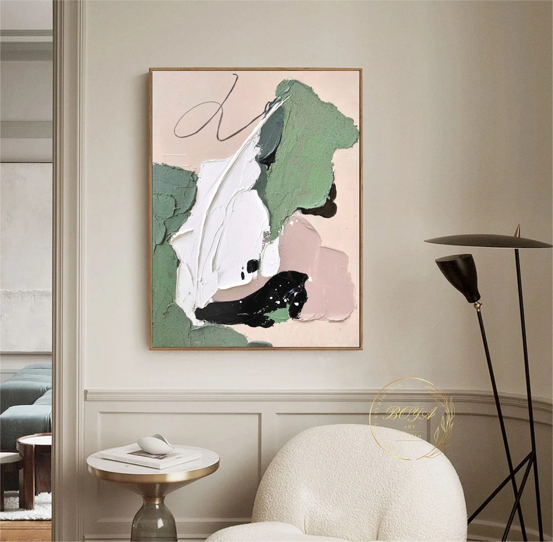 Sage Green White Minimal Abstract with Calligraphy Line Art Poster - Image 2