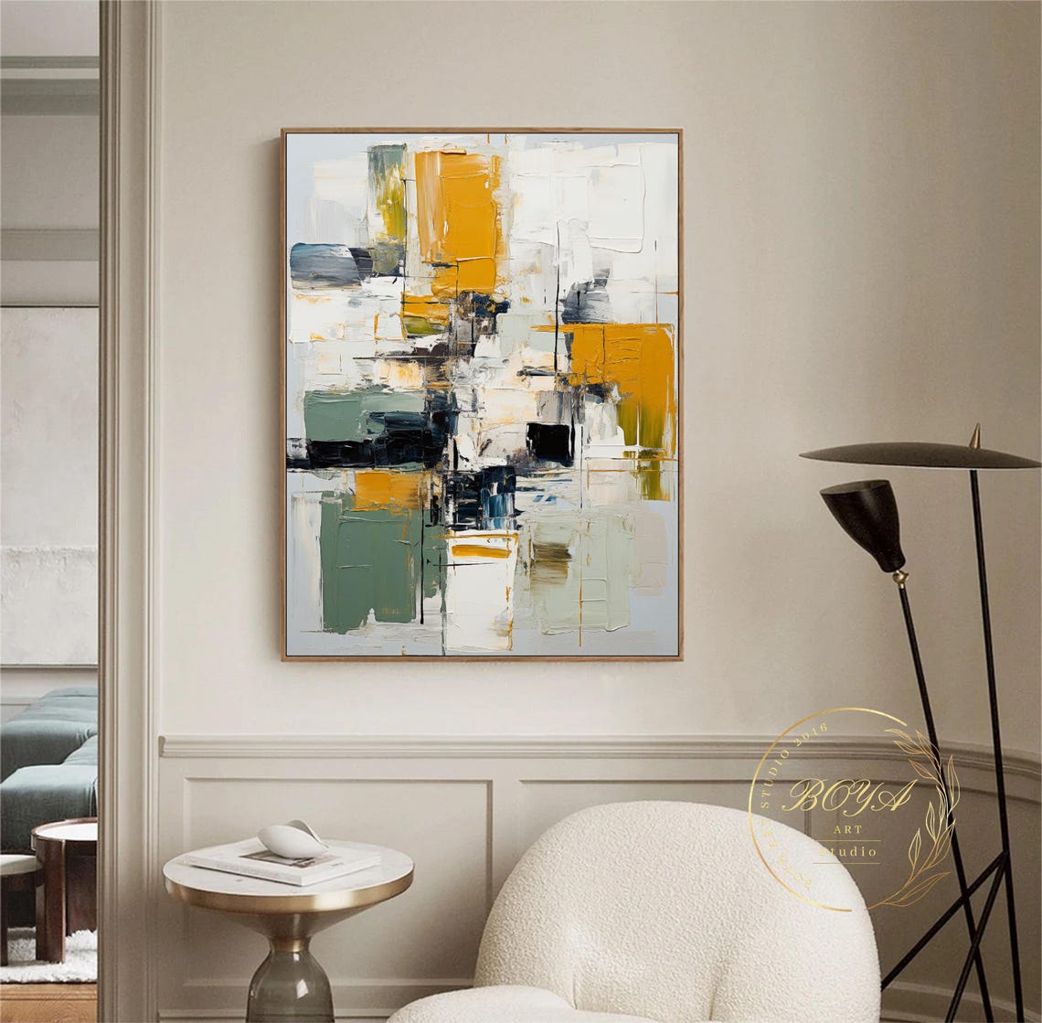 Large 3d Textured Art Beige Abstract Painting Original Yellow Textured Painting Green Wall Art Modern Minimalism Painting Black Textured Art - Image 3