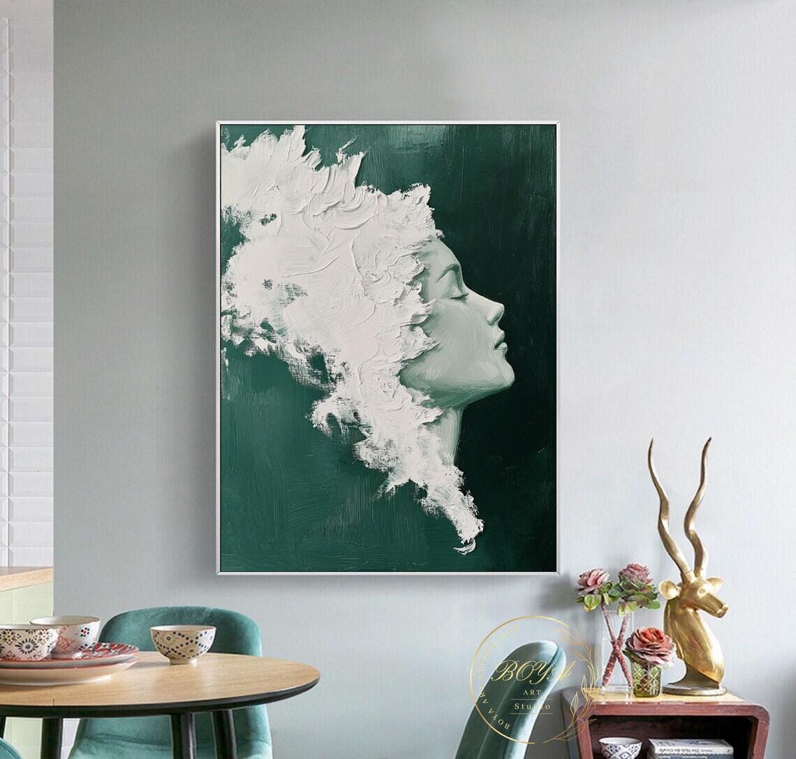 Woman Profile Sculpted in White Impasto on Emerald Green Poster - Image 2