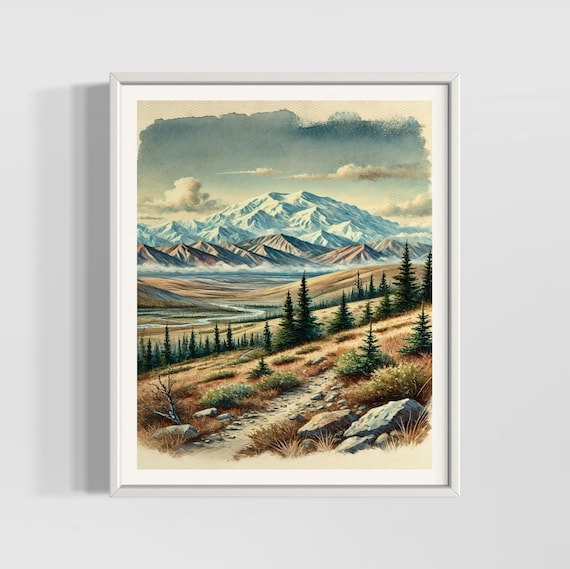 Denali Alaska Snowy Peak Wilderness Watercolor National Park Poster