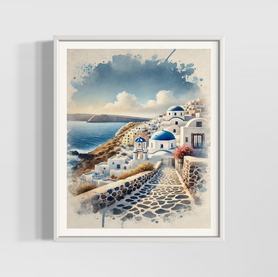 Santorini Greece Blue Domes Watercolor Island View Travel Poster