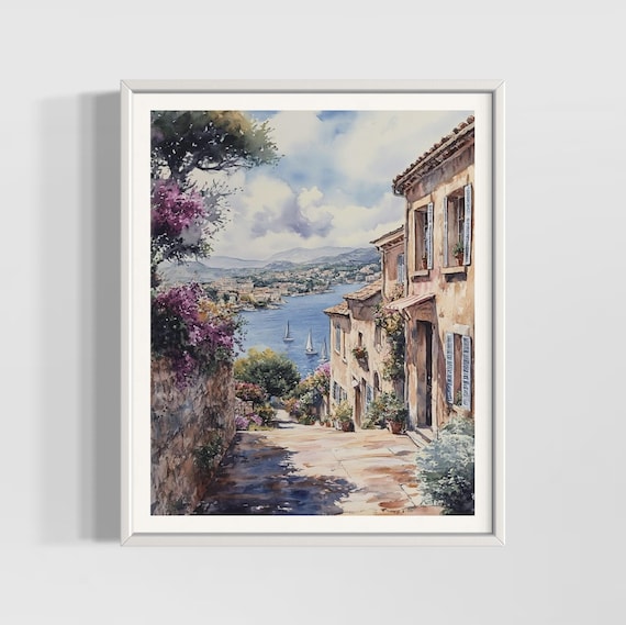 South Of France Vintage Watercolor Mediterranean Village Sea View Poster