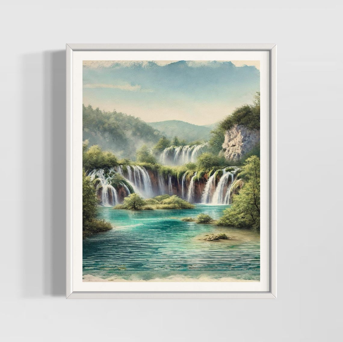 Plitvice Lakes Croatia Turquoise Waterfall Lakes Watercolor Poster
