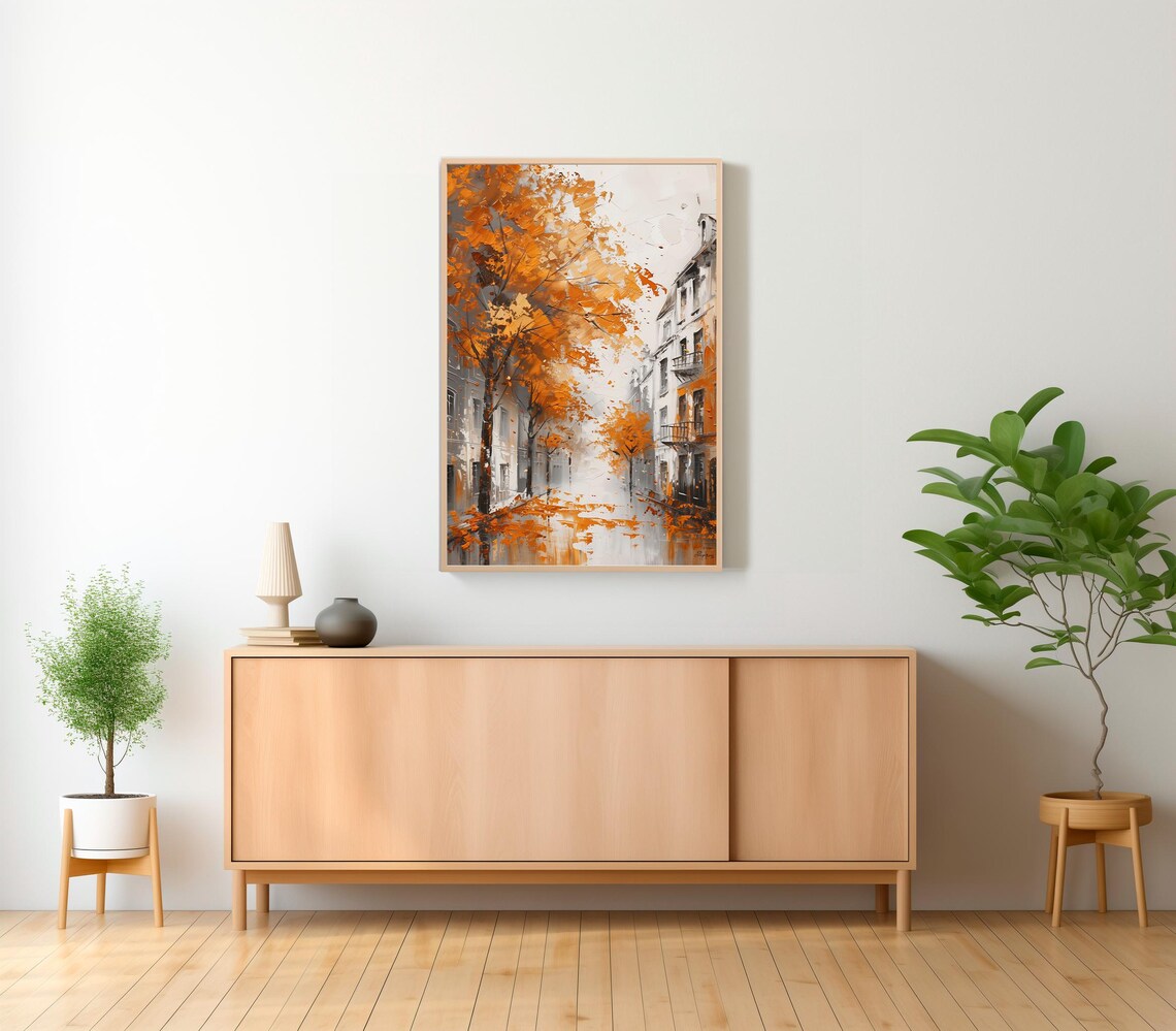 Rainy Autumn City Street Lined with Glowing Orange Trees Poster - Image 2