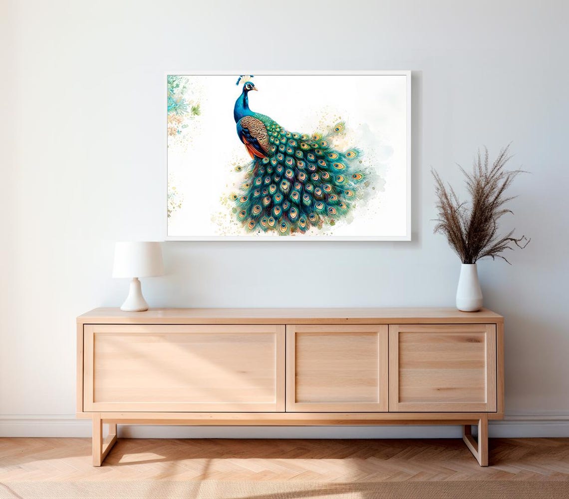 Elegant Watercolor Peacock Standing on a White Background Poster - Image 2