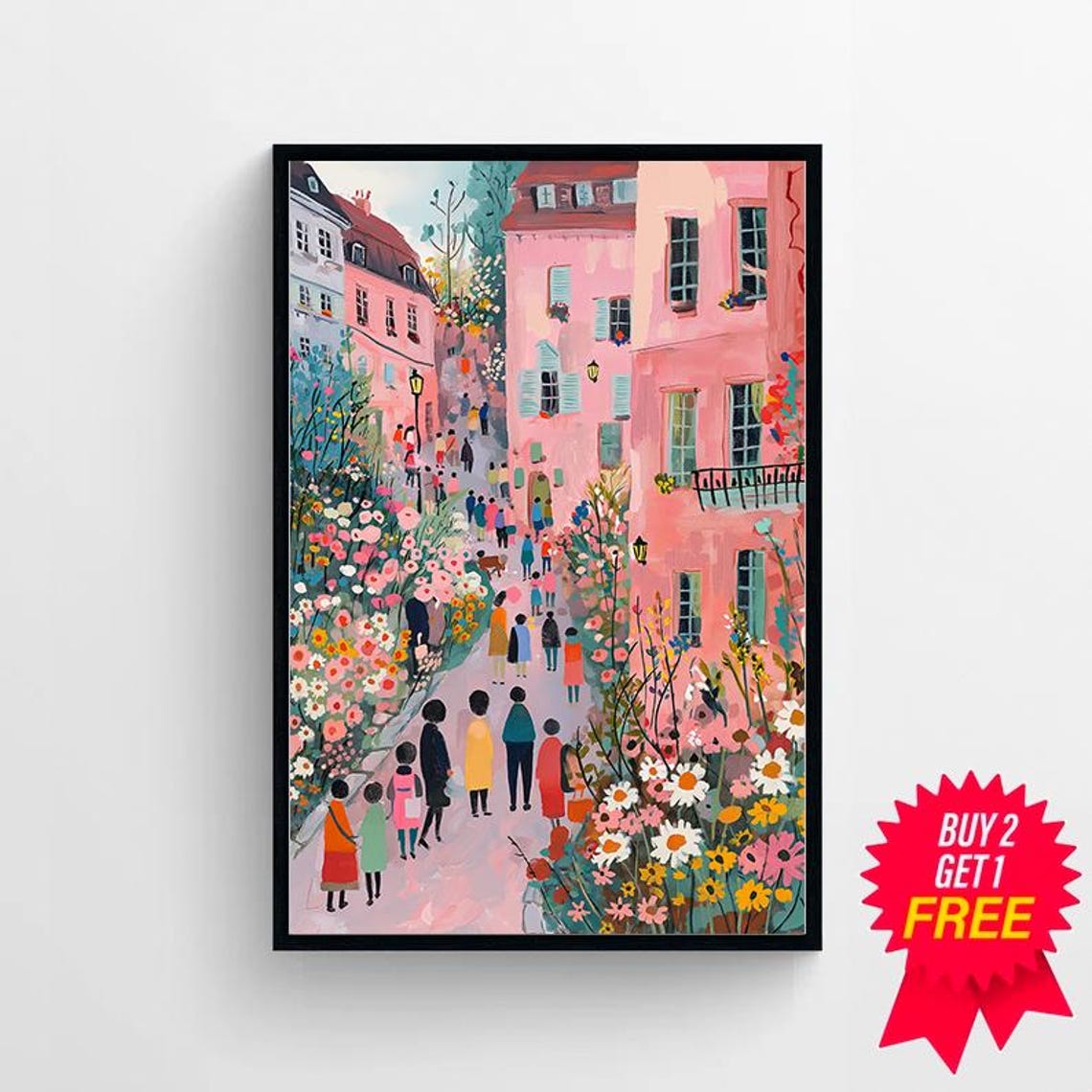 Flower Lined Pink Street with Strolling Crowd Painting Poster - Image 4