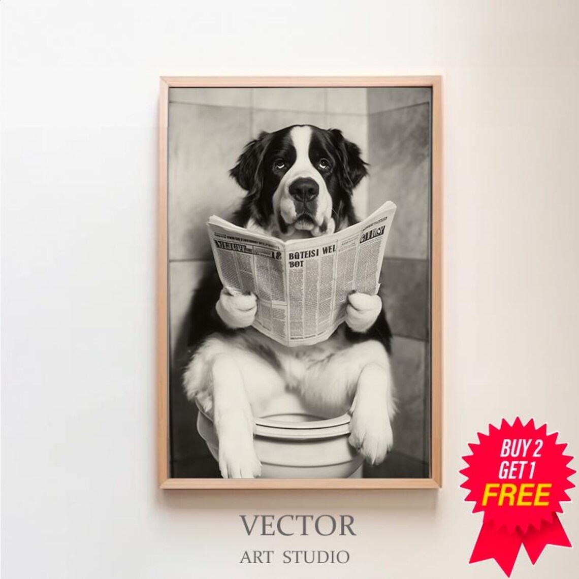 Saint Bernard On Toilet Reading Newspaper Funny Photo Poster