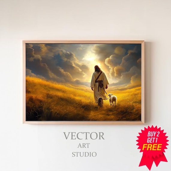 Jesus the Shepherd Walking with a Lamb in Golden Field Poster