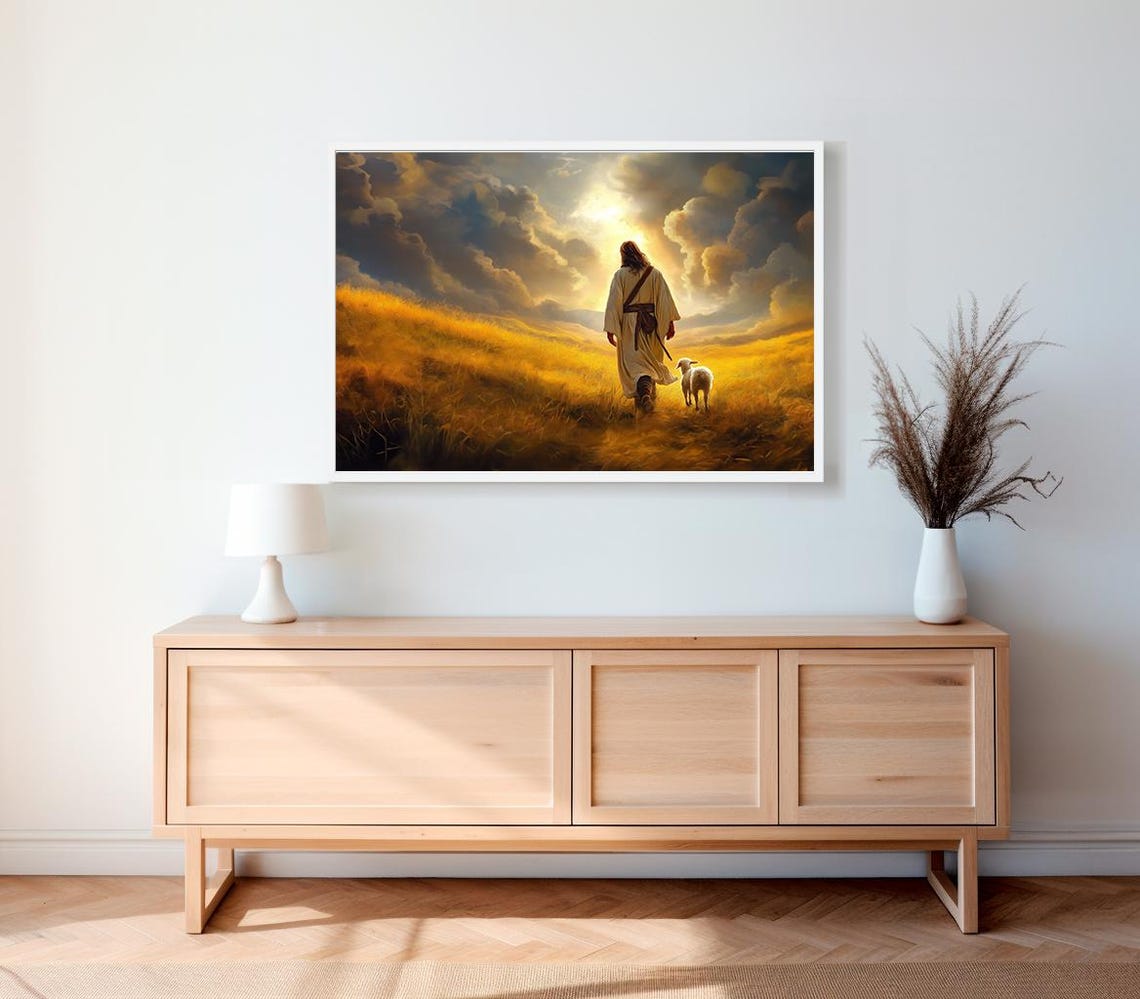 Jesus the Shepherd Walking with a Lamb in Golden Field Poster - Image 2