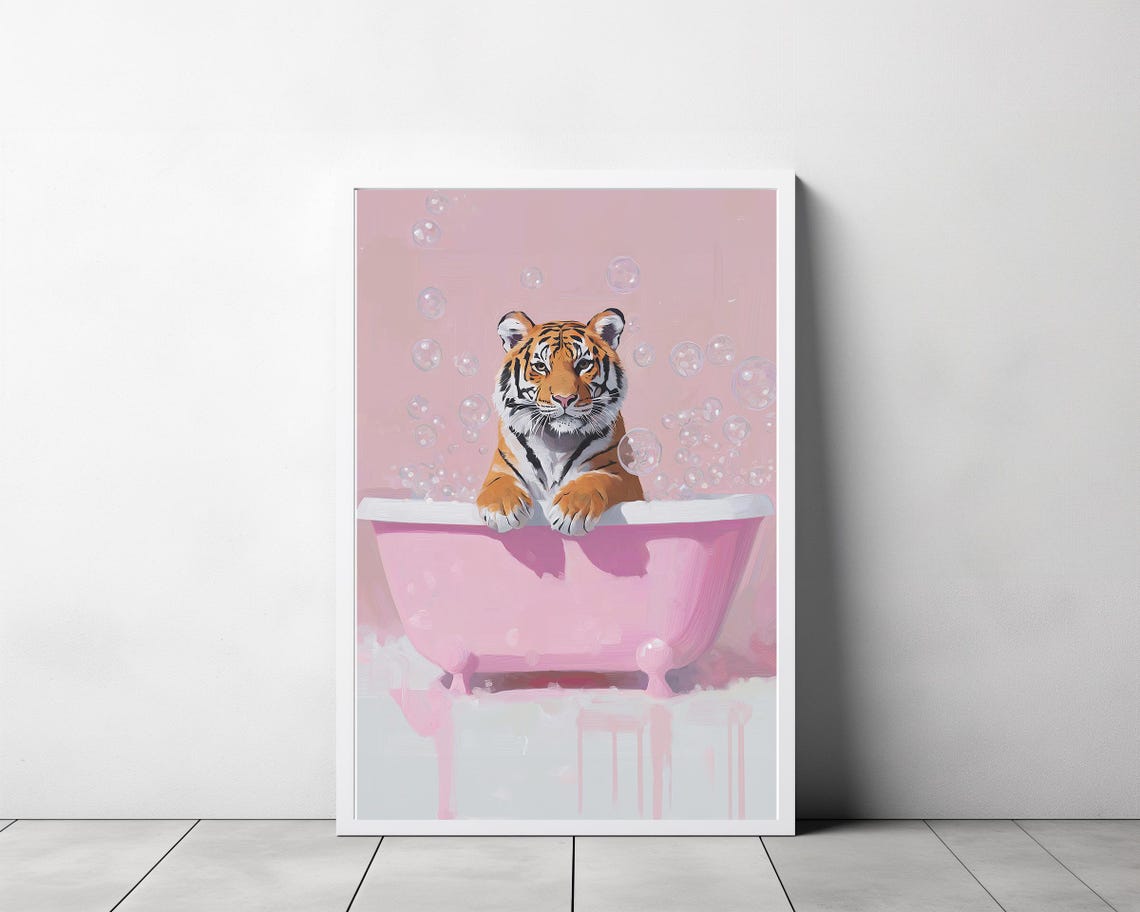 Tiger Cub Taking a Bubble Bath in a Pink Tub Whimsical Art Poster - Image 3