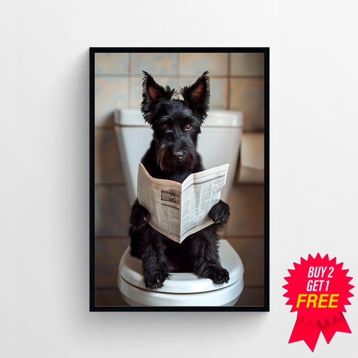 Black Scottish Terrier Sitting on Toilet Reading Paper Funny Poster - Image 4