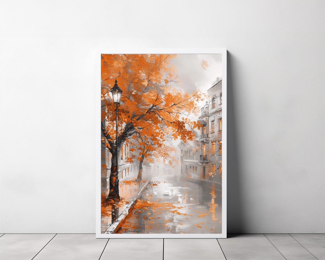 Autumn Street with a Vintage Lamp Post and Orange Trees Poster - Image 3