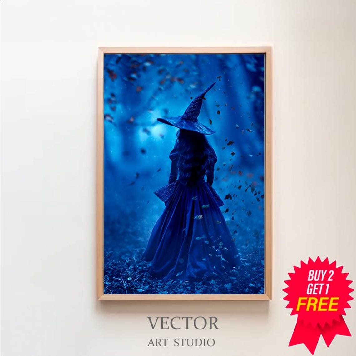 Blue Witch In Falling Leaves Inside Enchanted Night Forest Poster
