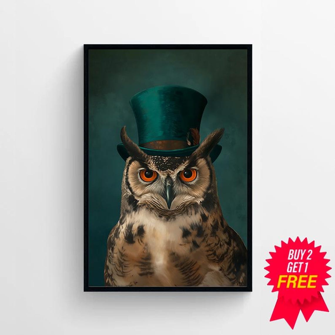 Great Horned Owl Wearing A Green Top Hat In Old Master Wall Art - Image 4