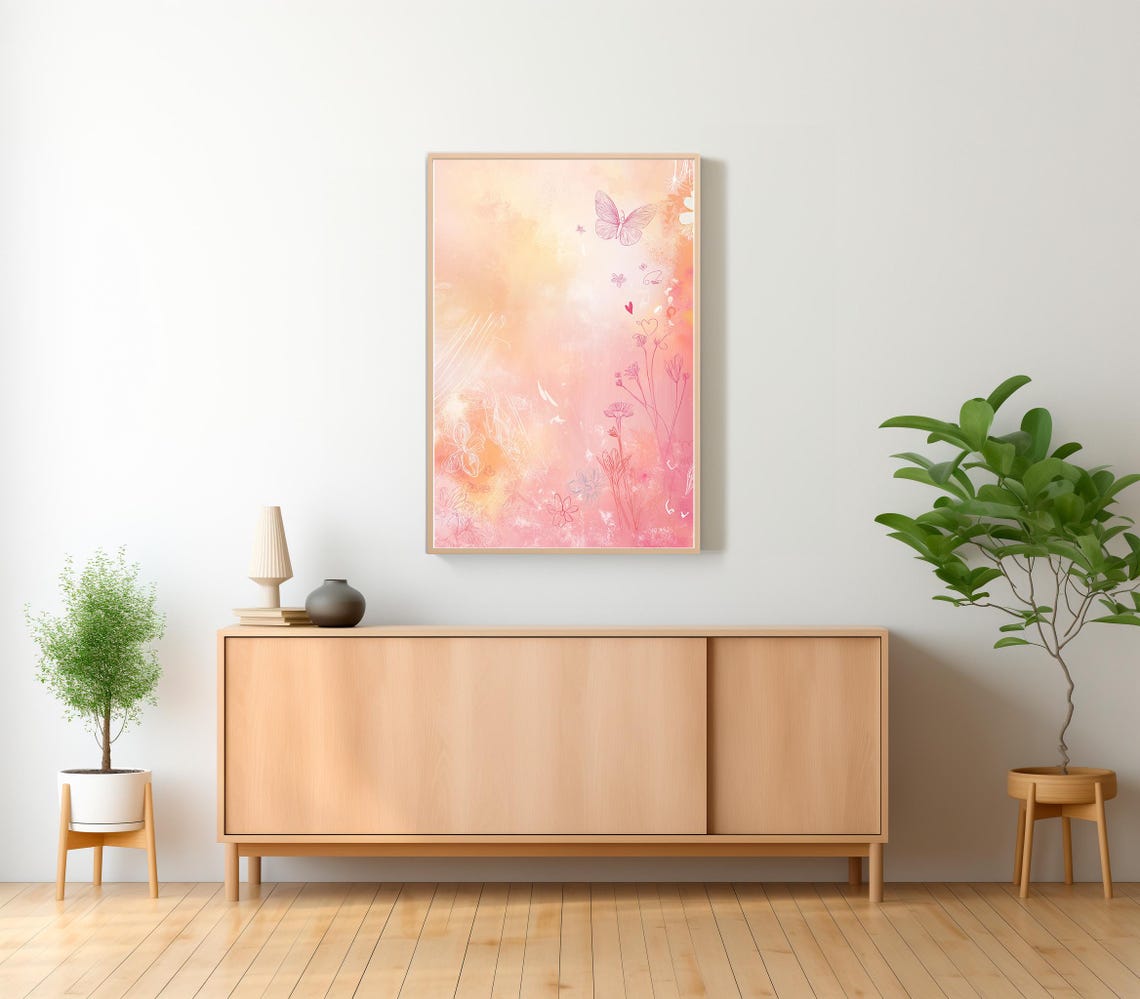 Whimsical Pink Butterfly Sketches On A Blush Abstract Wash Poster - Image 2