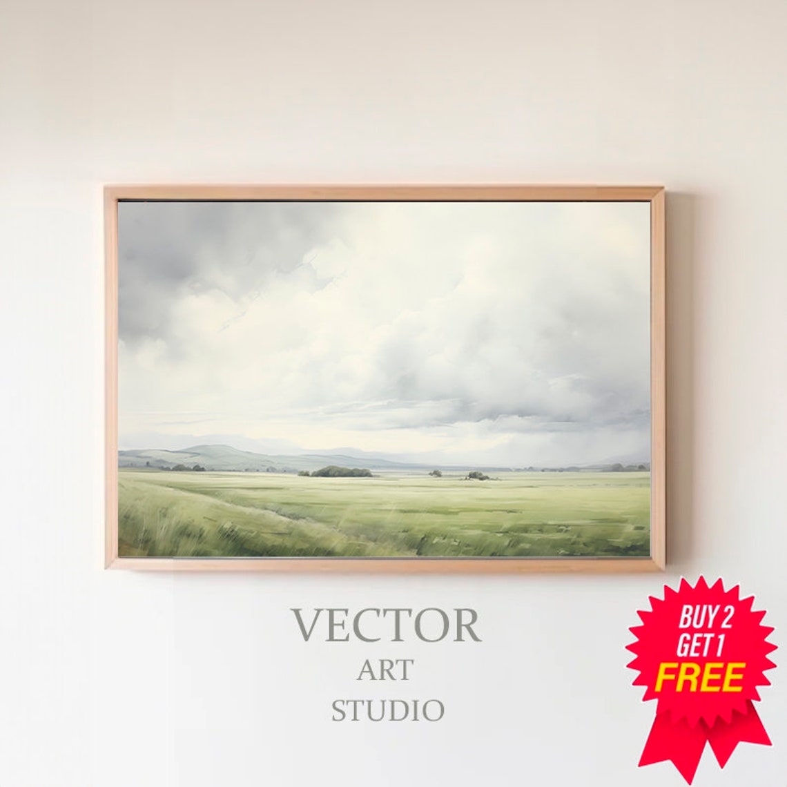 Vast Green Prairie Under Cloudy Sky Serene Nature Landscape Poster