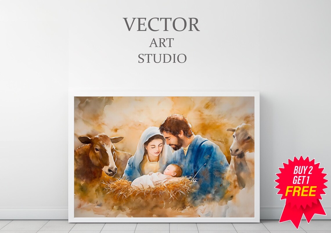 Warm Golden Watercolor Nativity Scene Of The Holy Family Christmas Print - Image 3