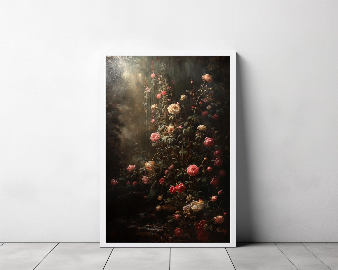 Wild Roses Blooming in a Shadowy Dark Cottagecore Garden Wall Poster - Image 3