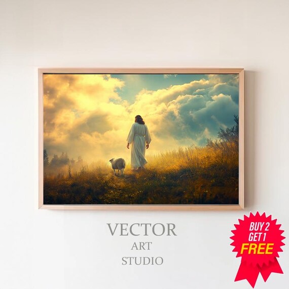 Jesus the Good Shepherd Walking With Sheep in a Golden Field Poster