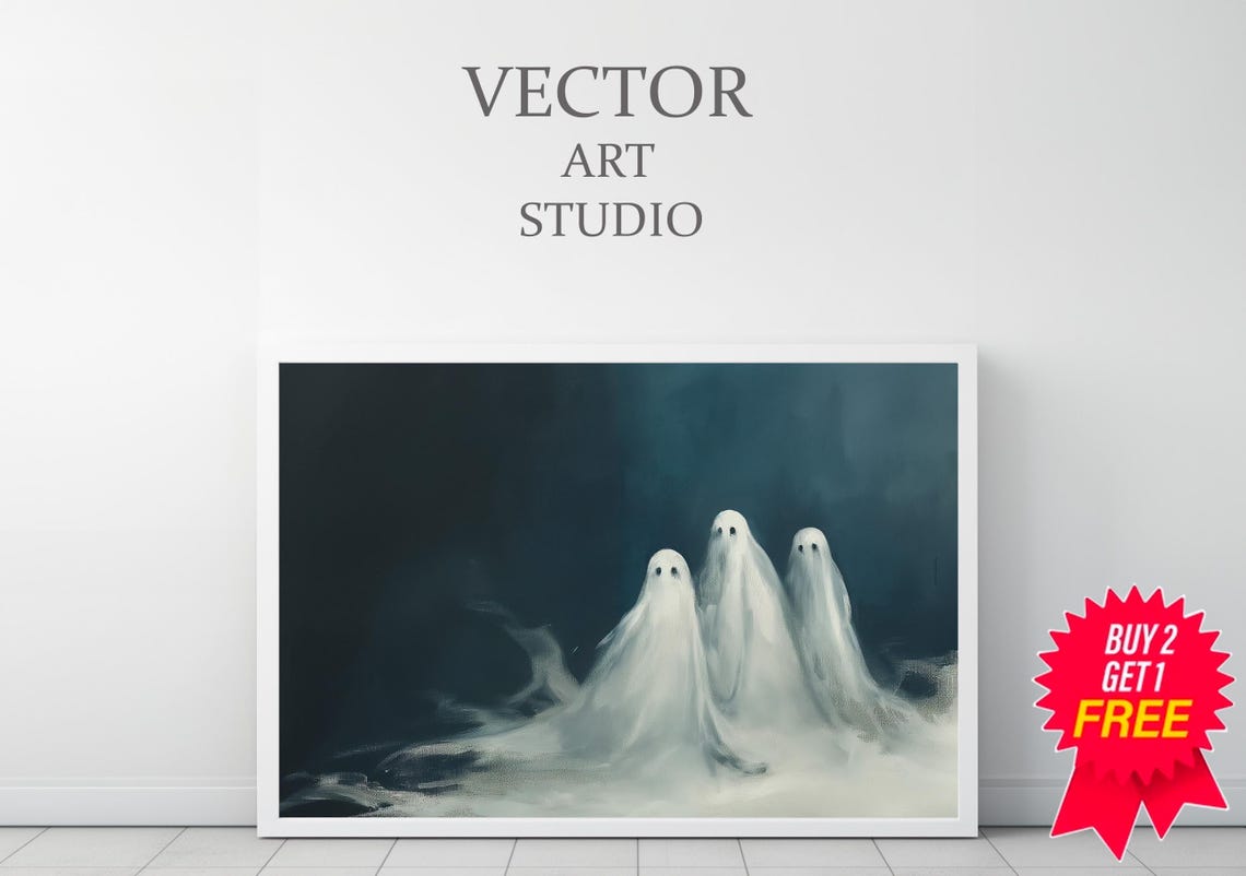 Three Cute Ghosts Emerging from Mist on a Dark Night Halloween Poster - Image 3