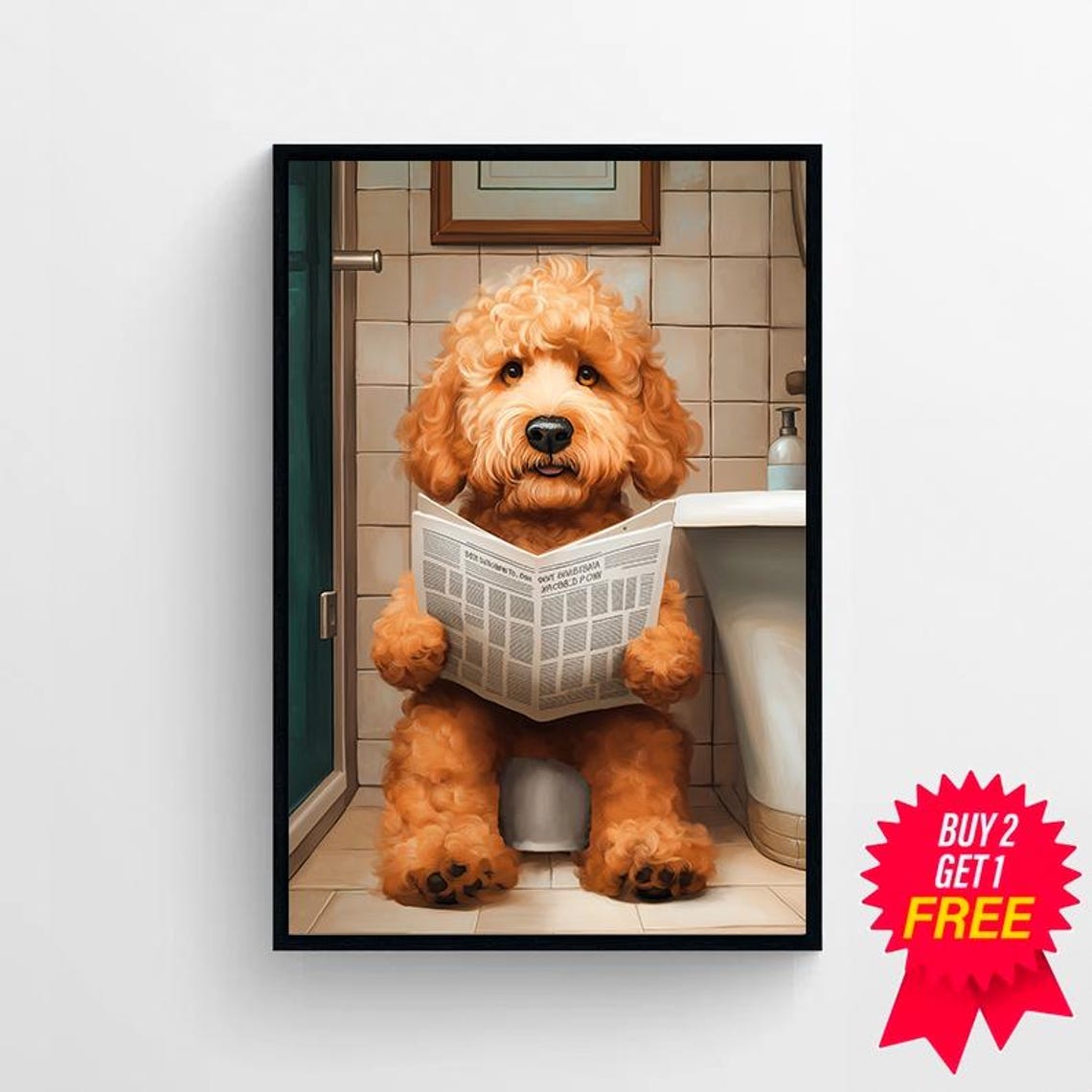 Cockapoo Sitting on Toilet Reading Newspaper Funny Dog Poster - Image 4