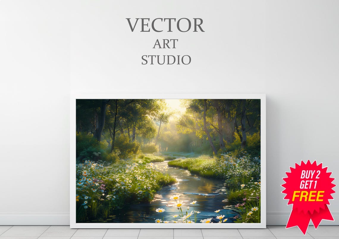Spring Stream Through A Daisy Meadow Forest Landscape Art Poster - Image 3