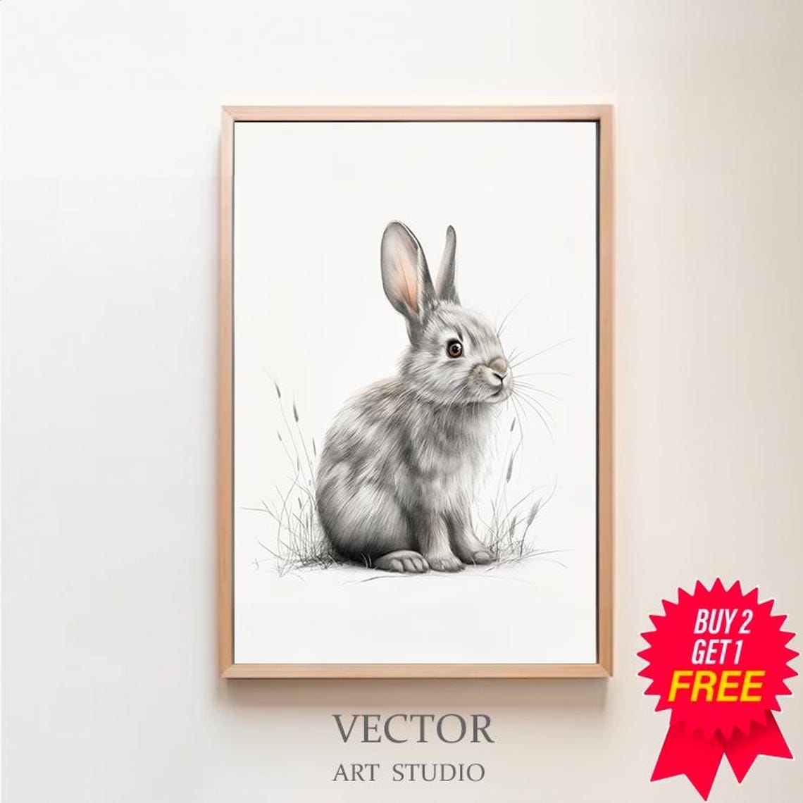 Grey Bunny Sketch Sitting In Grass Minimalist Pencil Rabbit Poster