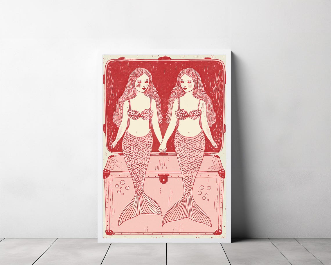 Twin Mermaids Holding Hands Red Duotone Folk Line Art Poster - Image 3