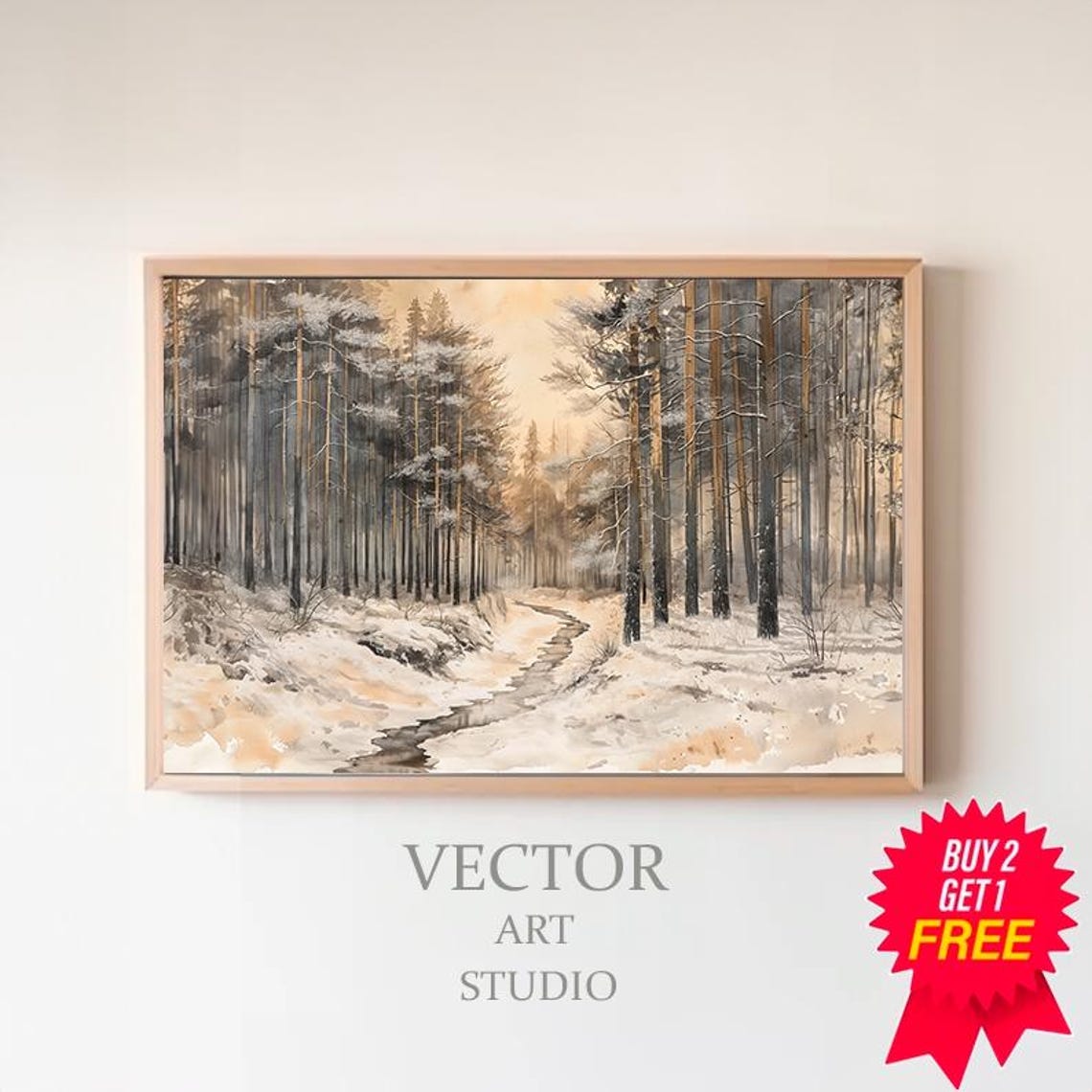 Vintage Winter Sketch Flocked Snowy Trees Vintage Art