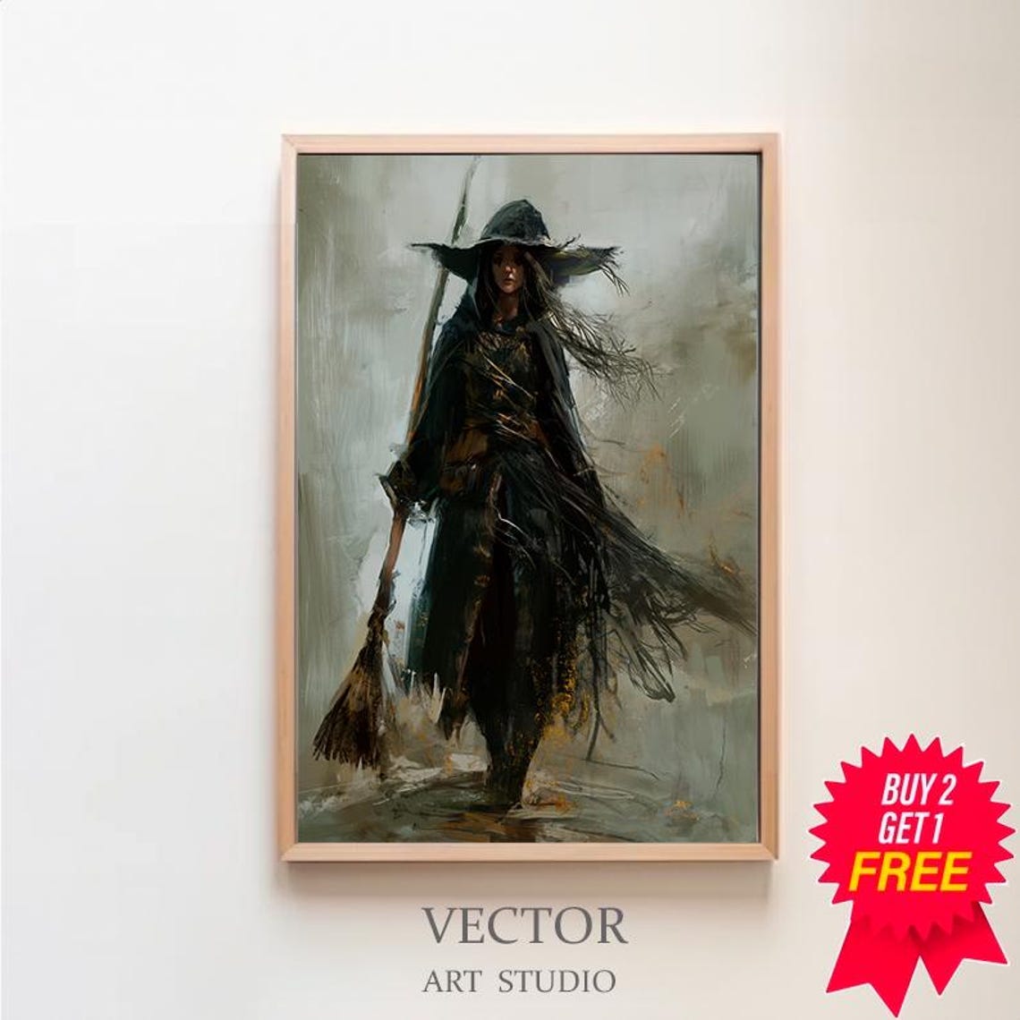 Dark Witch With Broom Walking Through Gray Misty Landscape Art Poster