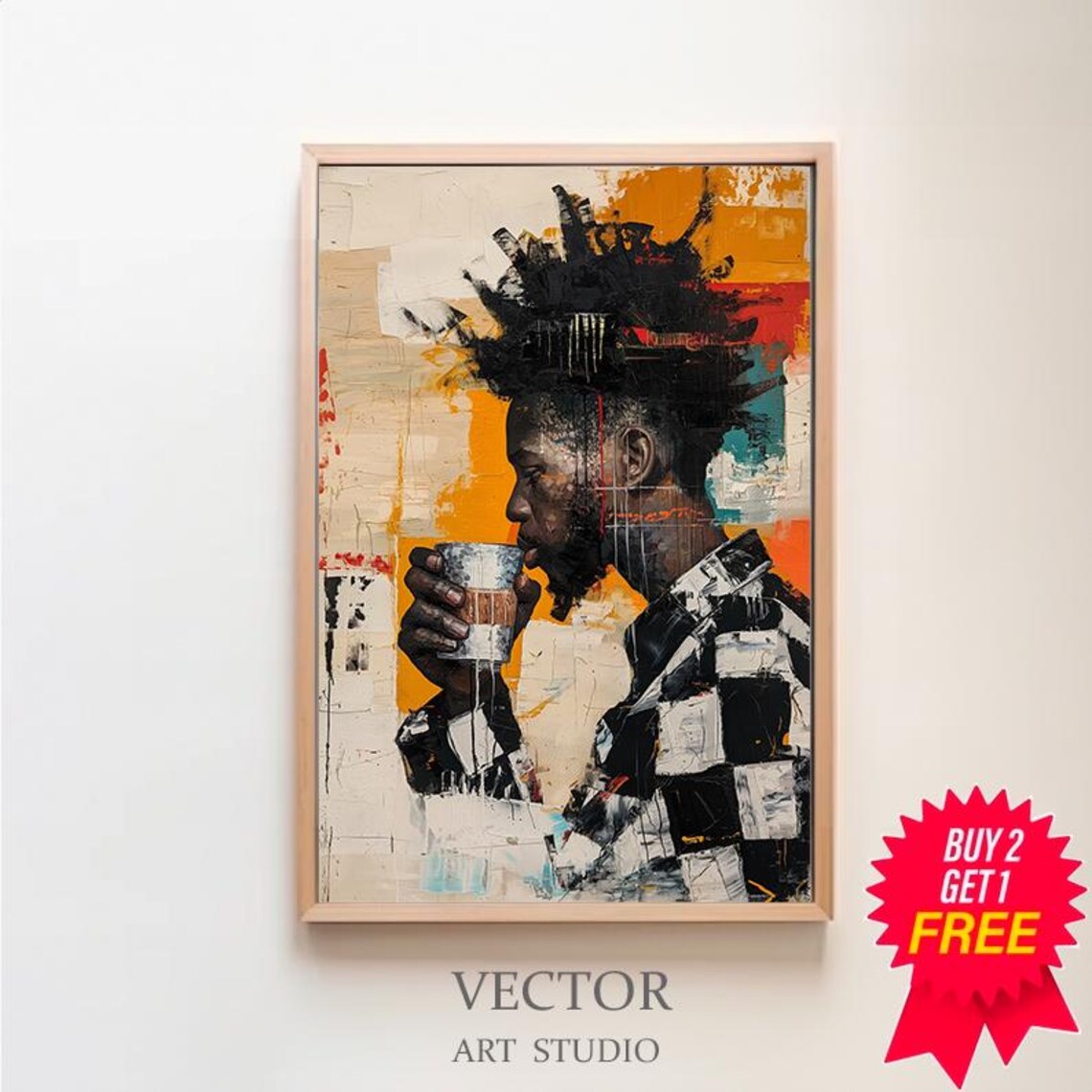 Geometrical Afro Men Coffee Lover Wall Art Print