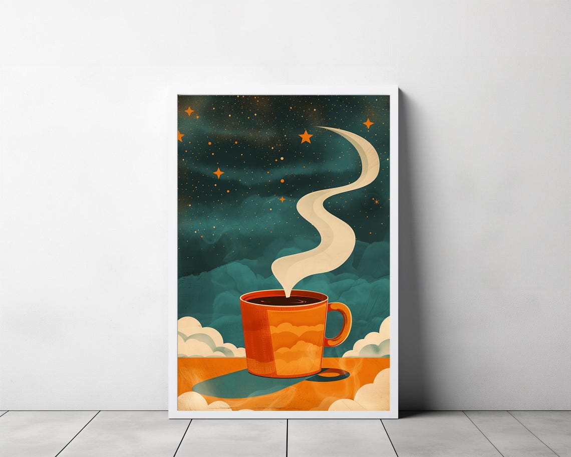 Cosmic Coffee Cup Under A Starry Night Sky Retro Kitchen Art Poster - Image 3