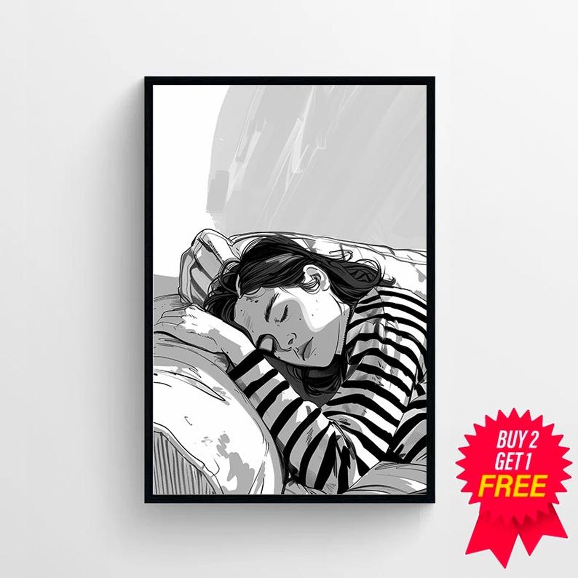 Black and White Sketch of a Sleeping Woman in Stripes Poster - Image 4