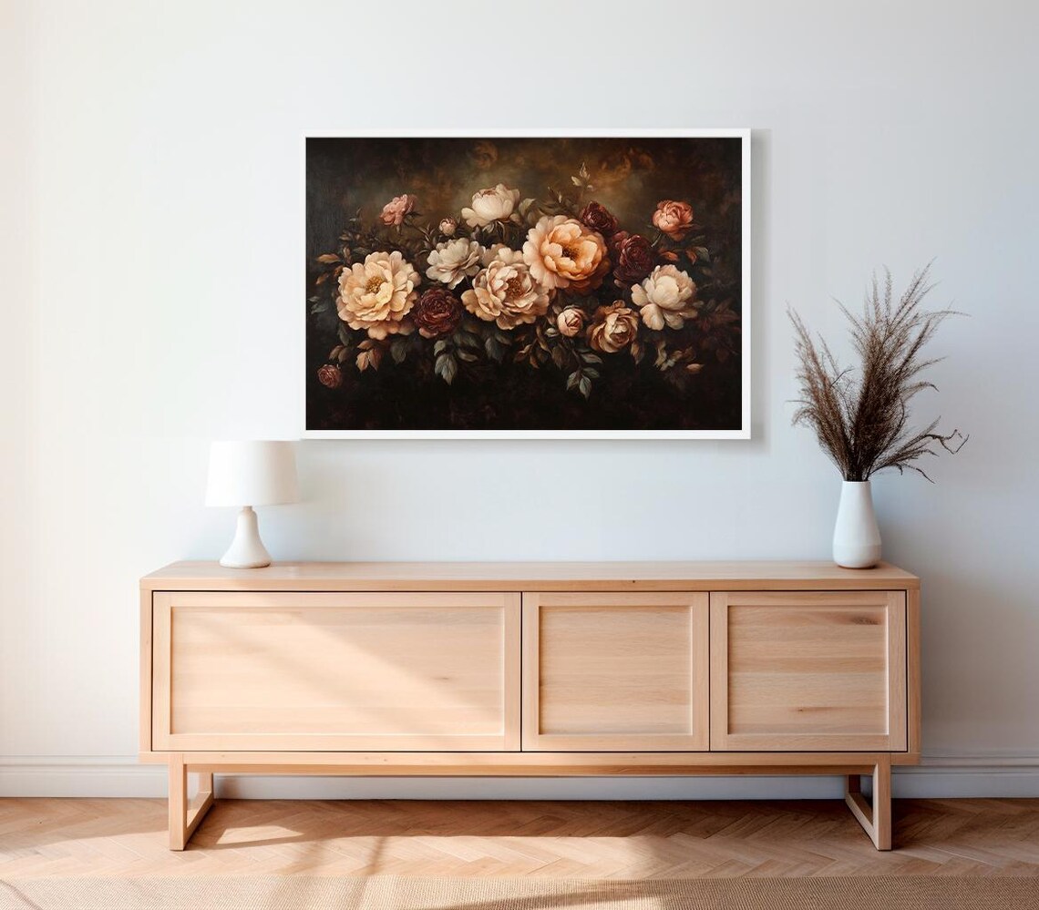 Cream Peony Bouquet On Dark Black Background Moody Floral Poster - Image 2