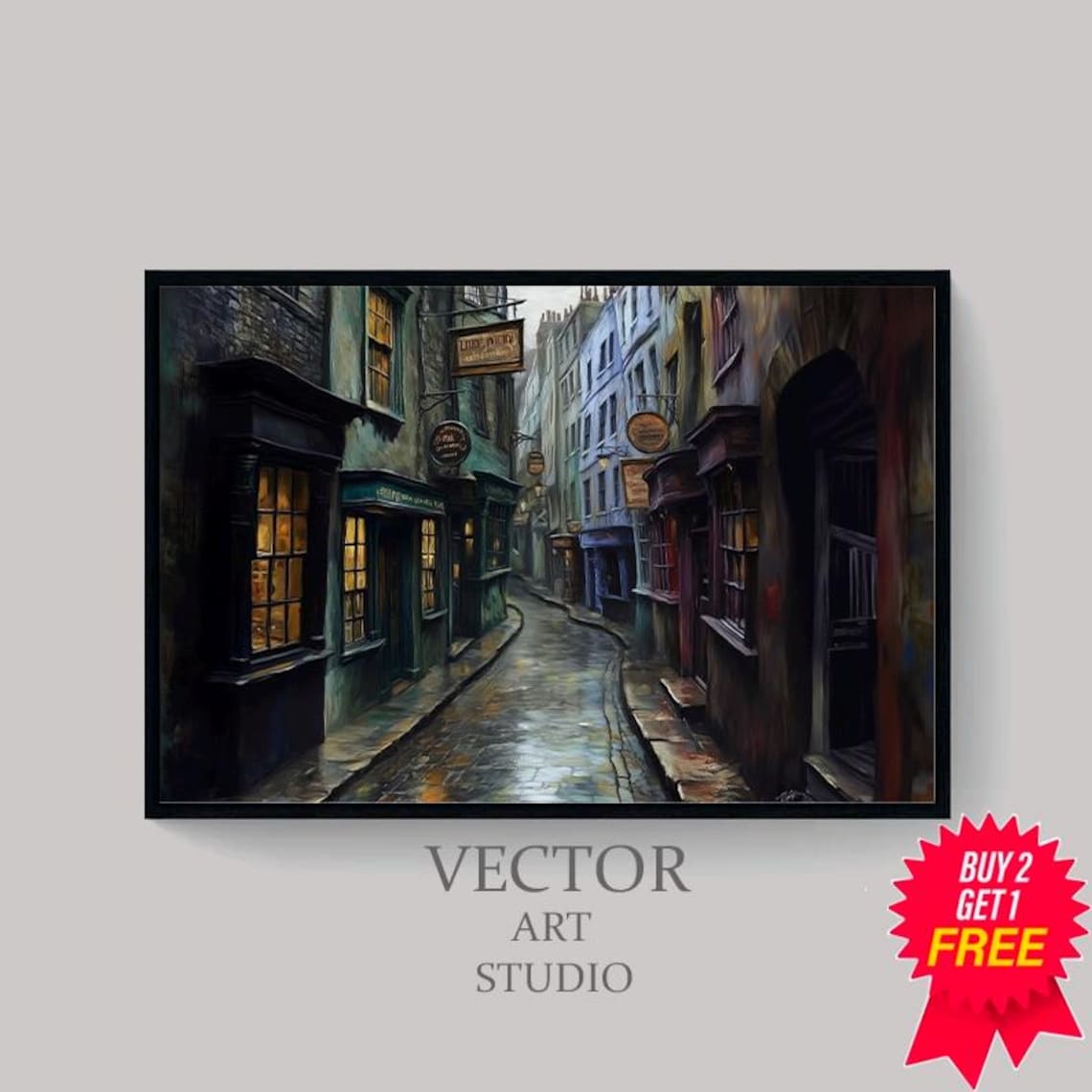 Moody Rainy Wizard Alley Dark Wet Cobblestone Street Art Poster - Image 4