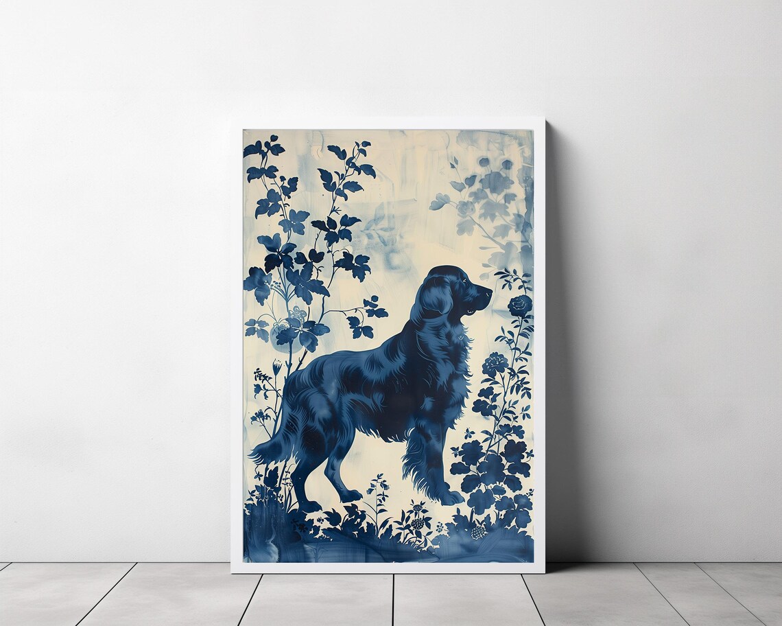 Blue Porcelain Style Dog Among Floral Branches Chinoiserie Art Print - Image 3