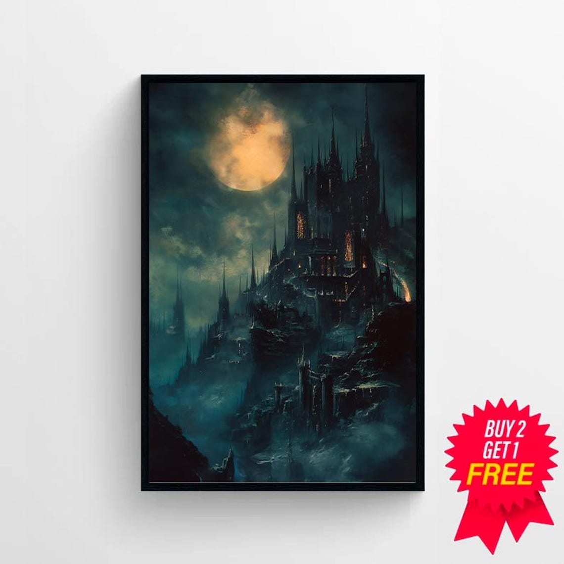 Draculas Castle Under Full Moon Teal Night Gothic Vampire Art Poster - Image 4