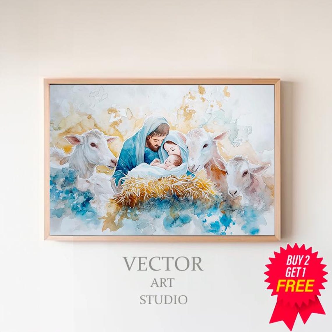 Soft Pastel Watercolor Nativity Scene With Animals Christmas Art Print