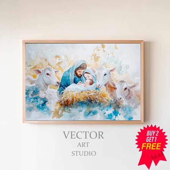 Soft Pastel Watercolor Nativity Scene With Animals Christmas Art Print